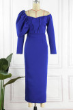 Blue Elegant Solid Patchwork V Neck One Step Skirt Dresses