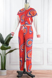 Red Casual Print Patchwork Buckle Cardigan Collar Long Sleeve Two Pieces