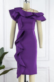 Purple Elegant Solid Patchwork Flounce Oblique Collar Evening Dress Dresses