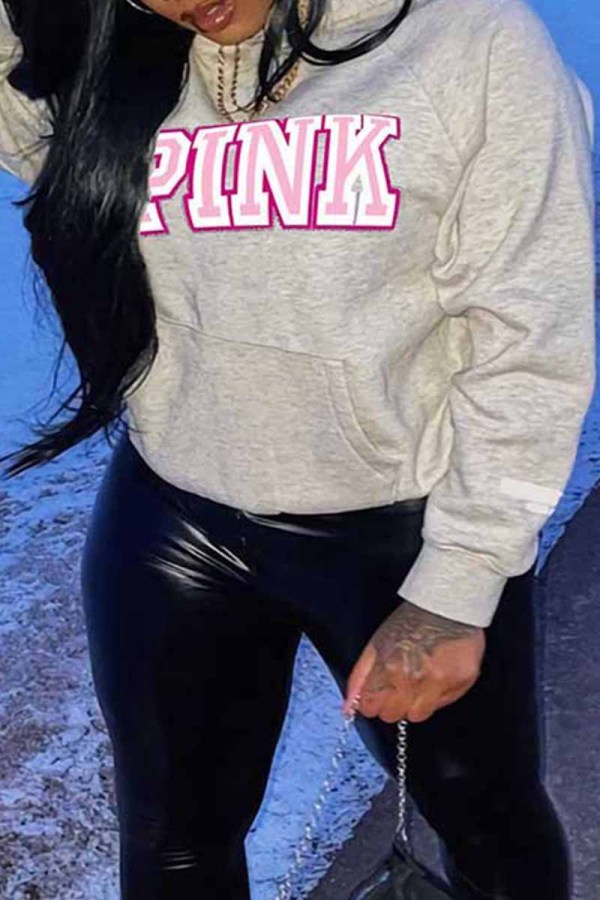 Grey Casual Print Letter Hooded Collar Tops