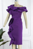 Purple Elegant Solid Patchwork Flounce Oblique Collar Evening Dress Dresses