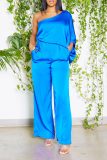 Blue Street Solid Patchwork One Shoulder Straight Jumpsuits