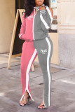 Pink Casual Print Hollowed Out Patchwork Slit Zipper Zipper Collar Long Sleeve Two Pieces