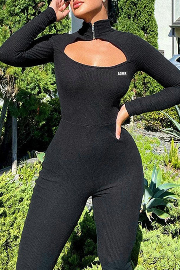 Black Casual Solid Hollowed Out Patchwork Zipper Collar Skinny Jumpsuits