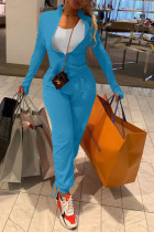 Sky Blue Casual Solid Patchwork Zipper Long Sleeve Two Pieces