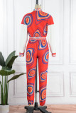 Red Casual Print Patchwork Buckle Cardigan Collar Long Sleeve Two Pieces