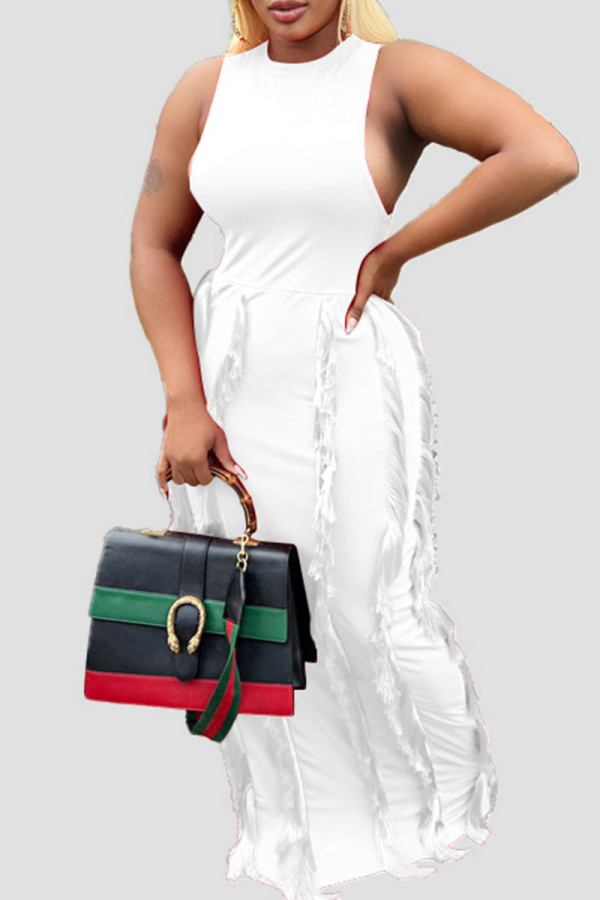 White Sexy Solid Tassel Patchwork O Neck Straight Dresses