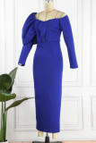 Blue Elegant Solid Patchwork V Neck One Step Skirt Dresses
