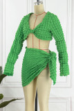 Coffee Sexy Solid Bandage Patchwork V Neck Long Sleeve Two Pieces