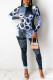 Light Blue Fashion Casual Print Basic Half A Turtleneck Long Sleeve Two Pieces