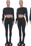 Black Casual Solid Patchwork O Neck Long Sleeve Two Pieces