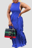 Blue Sexy Solid Tassel Patchwork O Neck Straight Dresses