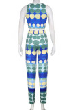 Blue Sexy Print Patchwork O Neck Sleeveless Two Pieces