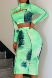 Green Sexy Print Hollowed Out Patchwork Half A Turtleneck Long Sleeve Two Pieces