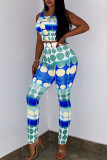 Blue Sexy Print Patchwork O Neck Sleeveless Two Pieces