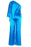 Blue Street Solid Patchwork One Shoulder Straight Jumpsuits