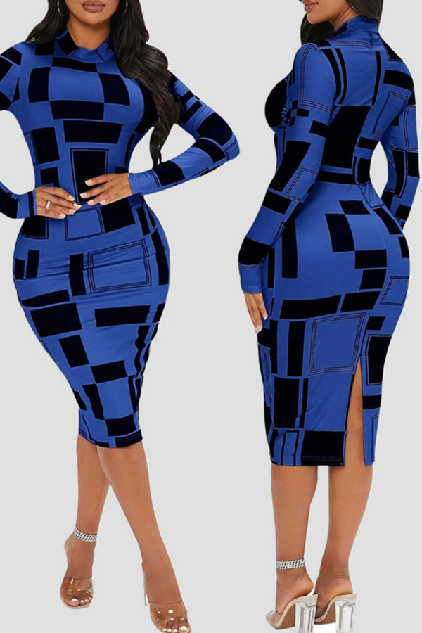 Blue Casual Elegant Print Patchwork O Neck One Step Skirt Dresses