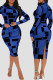 Blue Casual Elegant Print Patchwork O Neck One Step Skirt Dresses