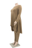 Army Green Casual Solid Asymmetrical O Neck Plus Size Two Pieces