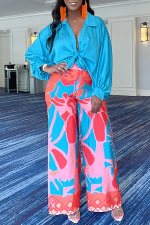 Blue Casual Print Patchwork Turndown Collar Long Sleeve Two Pieces