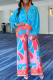 Blue Casual Print Patchwork Turndown Collar Long Sleeve Two Pieces