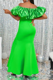 Green Elegant Solid Patchwork Fold Off the Shoulder Evening Dress Dresses