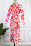Red Street Print Patchwork Turndown Collar Shirt Dress Dresses