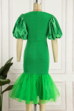 Green Elegant Solid Patchwork Square Collar Pencil Skirt Dresses