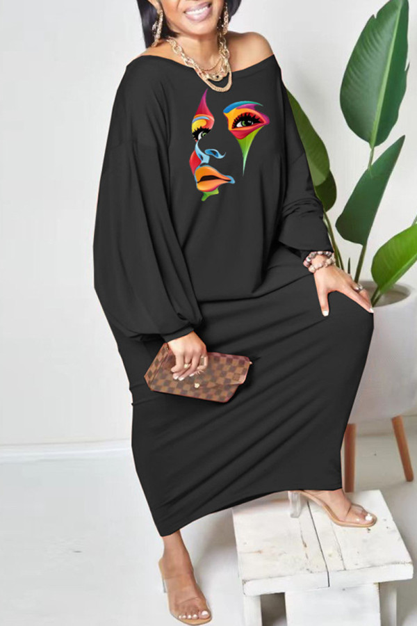 Black Casual Print Patchwork O Neck Long Sleeve Dresses