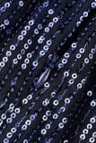 Navy Blue Elegant Solid Hollowed Out Sequins Patchwork Half A Turtleneck One Step Skirt Dresses