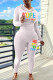 White Casual Print Patchwork Hooded Collar Long Sleeve Two Pieces