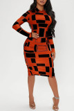 Yellow Casual Elegant Print Patchwork O Neck One Step Skirt Dresses