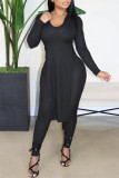 Black Casual Solid Slit Turndown Collar Long Sleeve Two Pieces