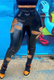 Black Sexy Casual Solid Hollowed Out Patchwork Skinny High Waist Pencil Solid Color Bottoms