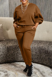 Orange Casual Solid Patchwork Basic O Neck Long Sleeve Two Pieces