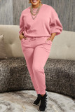 Pink Casual Solid Patchwork Basic O Neck Long Sleeve Two Pieces