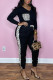 Black Casual Print Leopard Patchwork V Neck Long Sleeve Two Pieces
