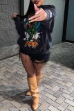 Black Street Print Letter Hooded Collar Tops