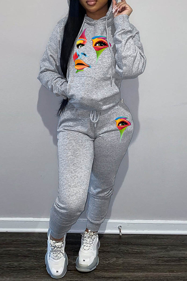 Grey Casual Print Patchwork Hooded Collar Long Sleeve Two Pieces