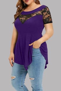 Purple Casual Patchwork See-through O Neck T-Shirts