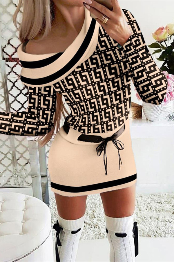 Khaki Casual Print Patchwork O Neck Long Sleeve Dresses