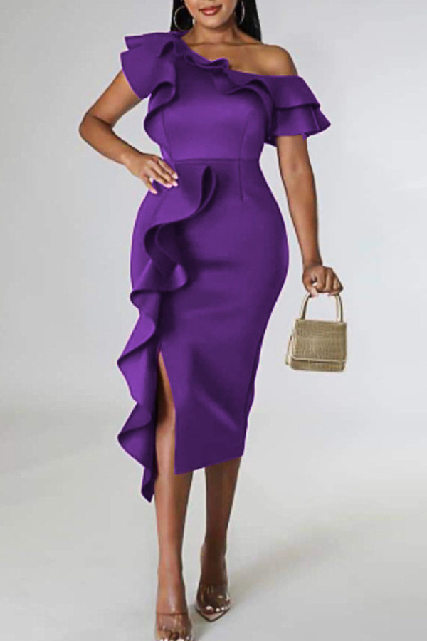 Purple Elegant Solid Patchwork Flounce Oblique Collar Evening Dress Dresses