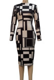 Yellow Casual Elegant Print Patchwork O Neck One Step Skirt Dresses