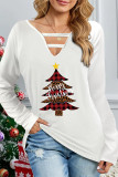 White Casual Christmas Tree Printed Hollowed Out V Neck Tops