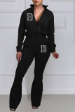 Coffee Casual Letter Print Patchwork Zipper Collar Long Sleeve Two Pieces