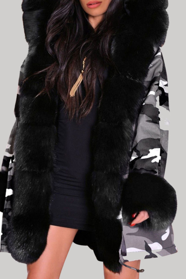 Black Casual Camouflage Print Patchwork Hooded Collar Outerwear