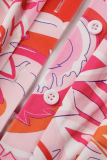 Red Street Print Patchwork Turndown Collar Shirt Dress Dresses