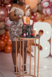Gold Sexy Formal Patchwork See-through O Neck Long Sleeve Dresses