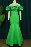 Green Elegant Solid Patchwork Fold Off the Shoulder Evening Dress Dresses