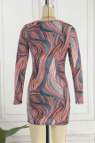 Tangerine Red Sexy Print Hollowed Out Patchwork O Neck Pencil Skirt Dresses